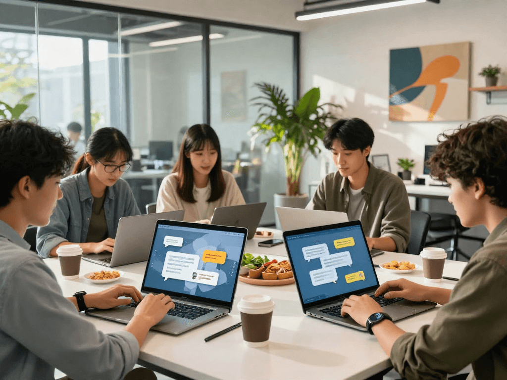 Engaged team using spicychat for effective digital communication in a modern office.