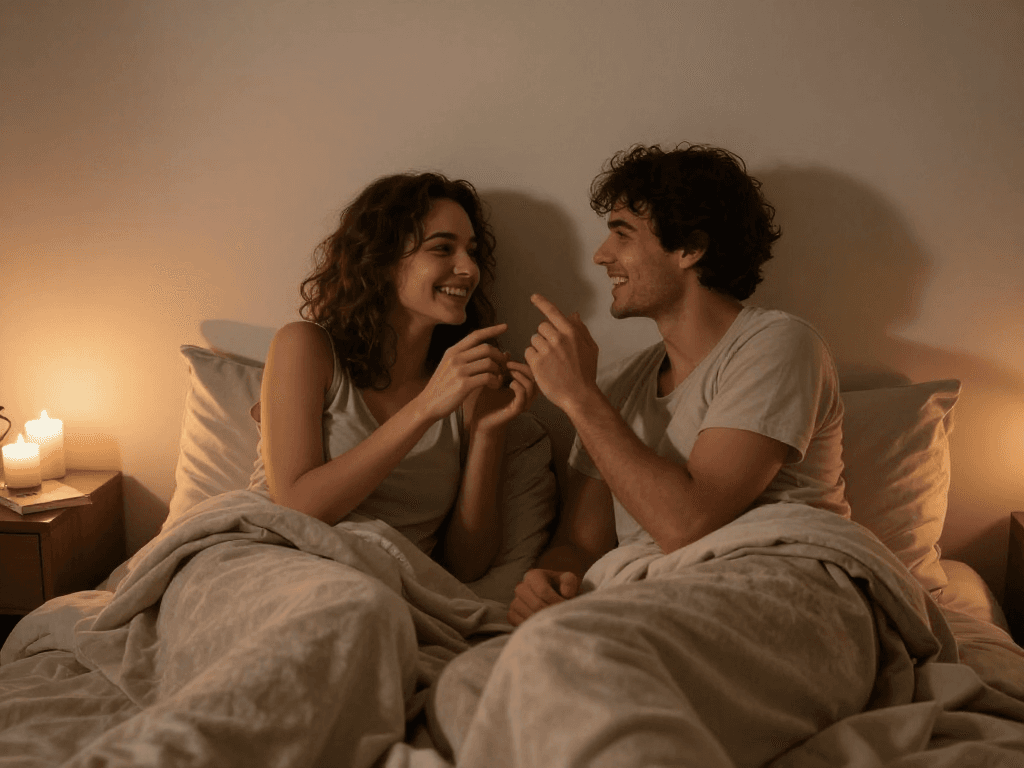 Couple enjoying ai dirty talk in a cozy, intimate bedroom setting with soft lighting.