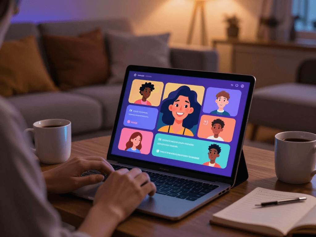 Engaging in ai sex chat on a tablet in a cozy setting with colorful character avatars.