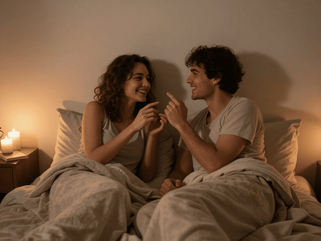 Couple enjoying ai dirty talk in a cozy, intimate bedroom setting with soft lighting.