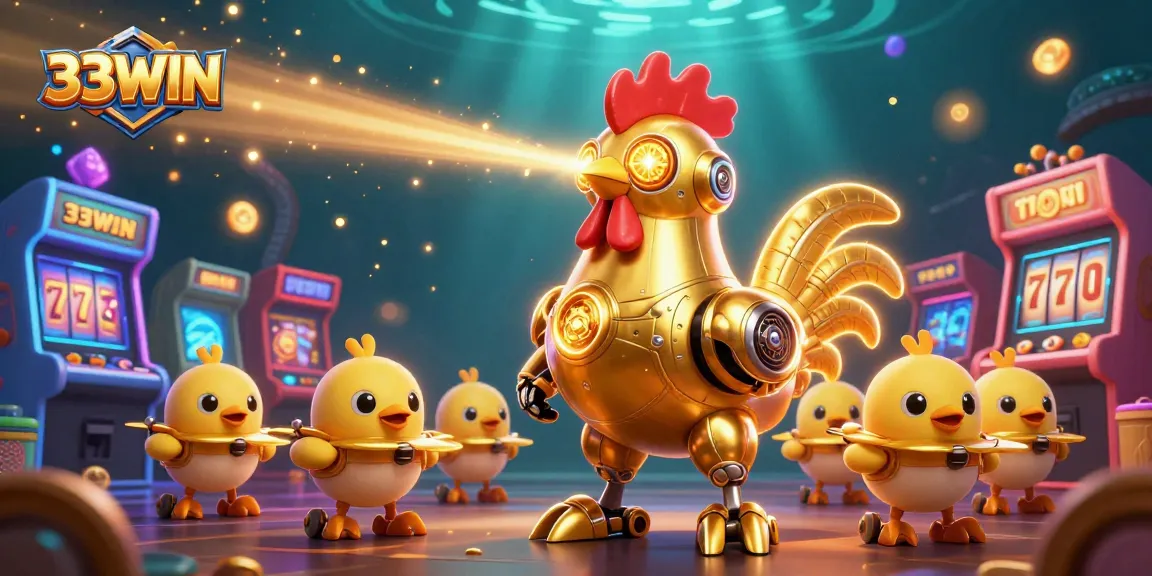 Engage in thrilling gameplay with 33WIN, featuring a vibrant golden rooster robot and slot machines.