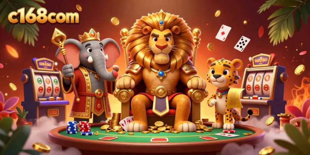 Experience the excitement of c168com's dynamic casino scene, showcasing the lion king, elephant advisor, and cheetah messenger amidst vibrant gaming elements.