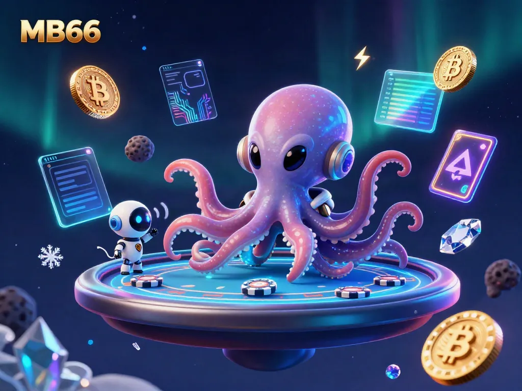 The cartoon alien octopus interacts with holographic poker elements in a vibrant, cosmic casino setting on MB66.
