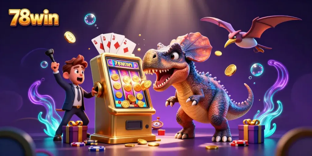 78win showcases a pachycephalosaurus winning coins from a slot machine in a dazzling casino scene.