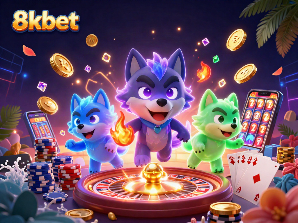 Experience thrilling gaming with 8kbet's stunning 3D casino illustration featuring dynamic elements.