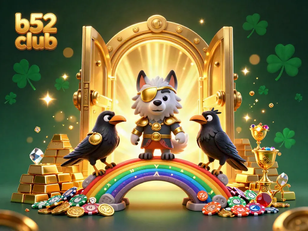 Experience the excitement of b52 club with a vibrant casino-themed graphic featuring mythical characters and treasures.