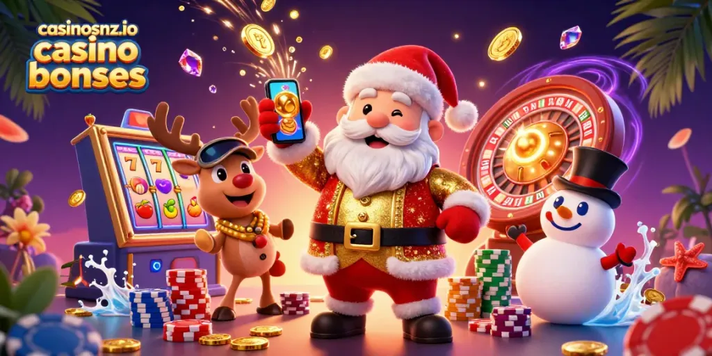 Experience the excitement of casinosnz.io casino bonuses with Santa, a reindeer dealer, and a poker chip snowman!