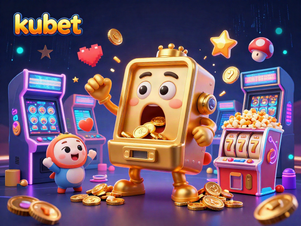 kubet's exciting jackpot celebration with a golden slot machine surrounded by cheering smaller machines.