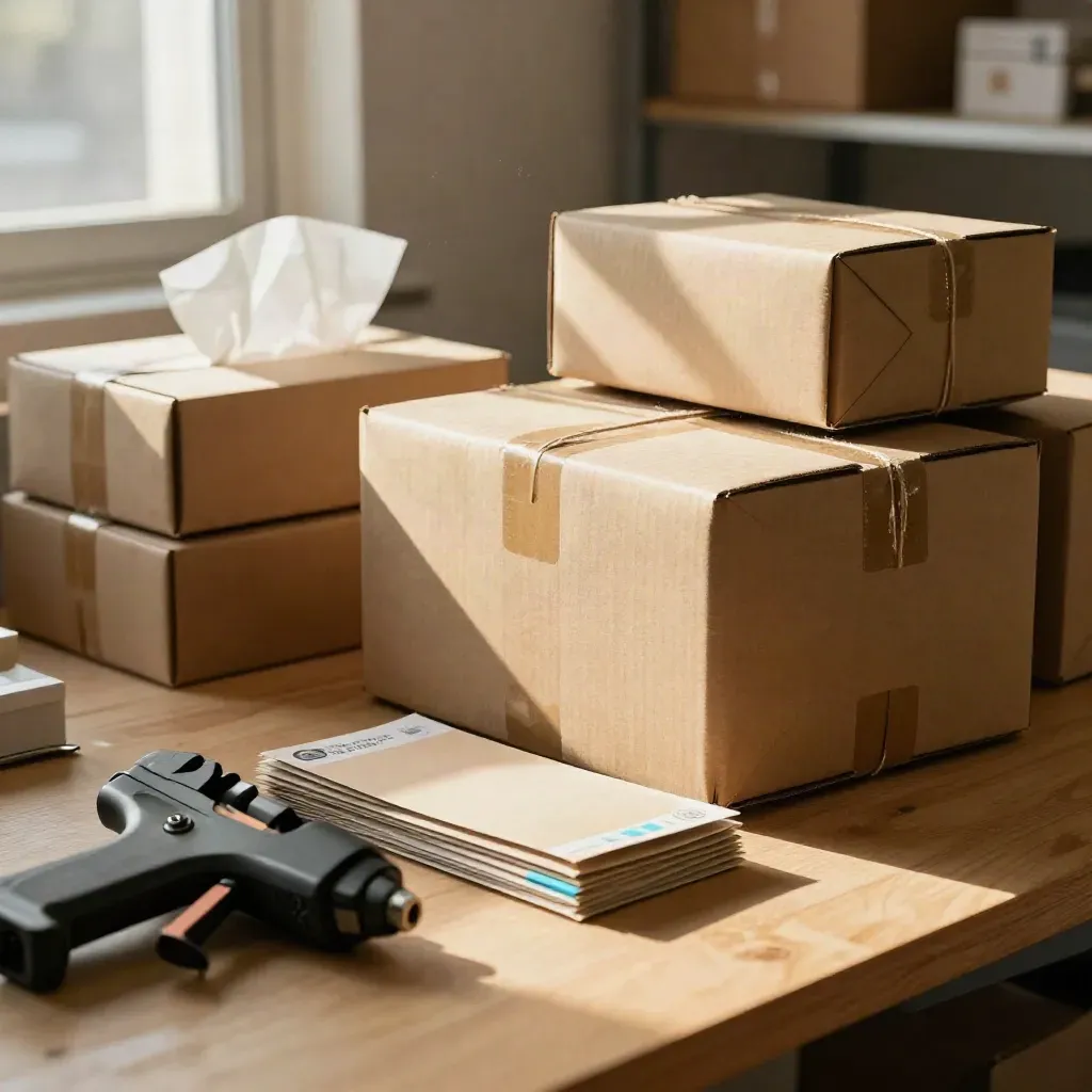 Pacchi e-commerce pronti per la spedizione su banco di legno chiaro, luce calda pomeridiana.