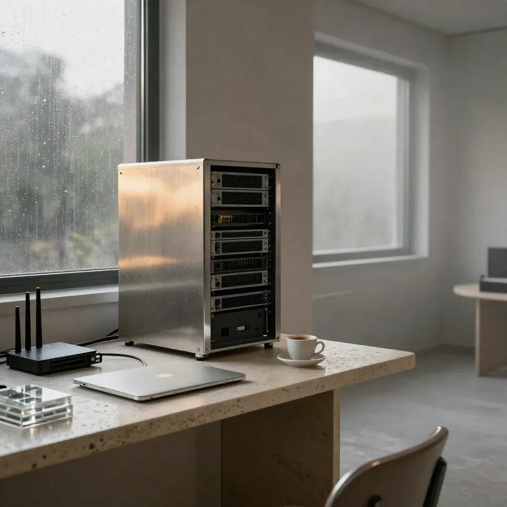 Studio digitale italiano all’alba con server, laptop chiuso, router e tazzina su pietra bagnata.