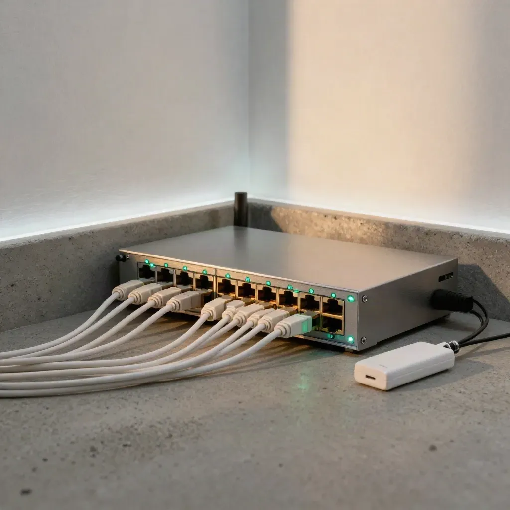 Angolo tecnico di rete con patch panel, router e cavi ordinati su cemento, luci verdi e azzurre.