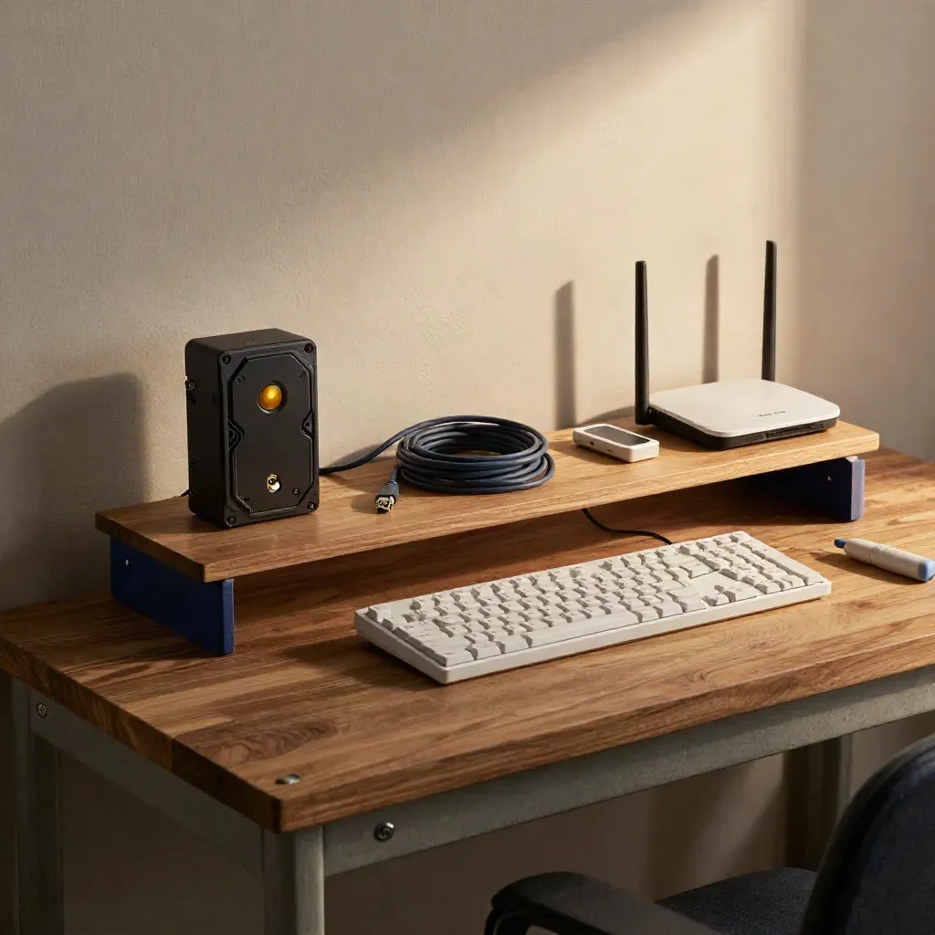 Banco manutenzione con router, disco backup, cavo ethernet e attrezzi in luce cinematografica.