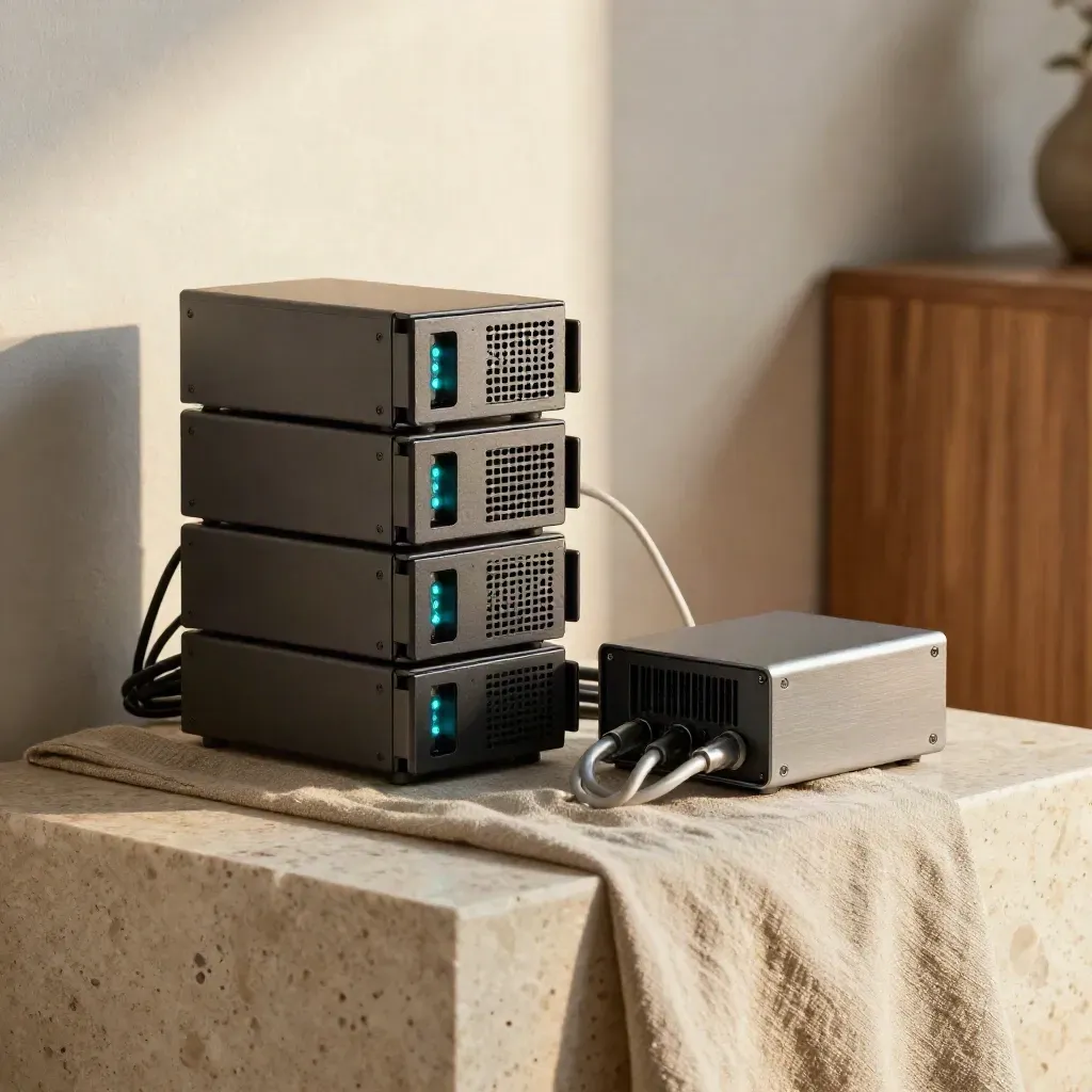 Stack server mini e UPS su plinto in pietra con cavi patch e luci ciano morbide.