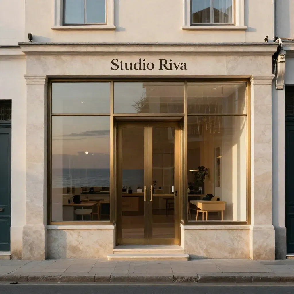 Facciata vetrata completata di Studio Riva con ingresso in pietra e luce mattutina.