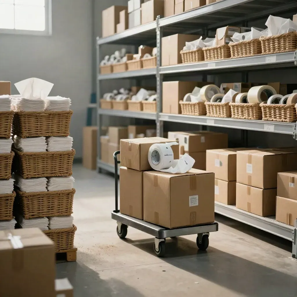 Aisle di imballaggio e-commerce con scatole, scaffali ordinati e pacchi in movimento.