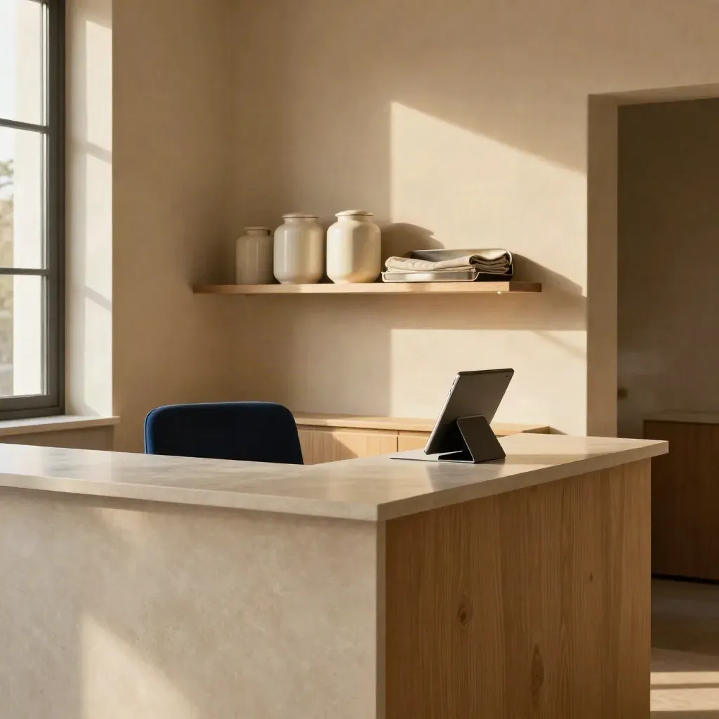 Angolo reception rinnovato con banco chiaro, sedia blu navy e mensole ordinate in luce morbida.