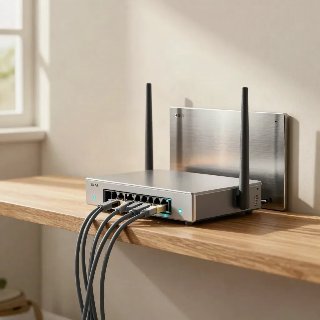 Angolo server ordinato con router e cavi, luci stabili e atmosfera calda.