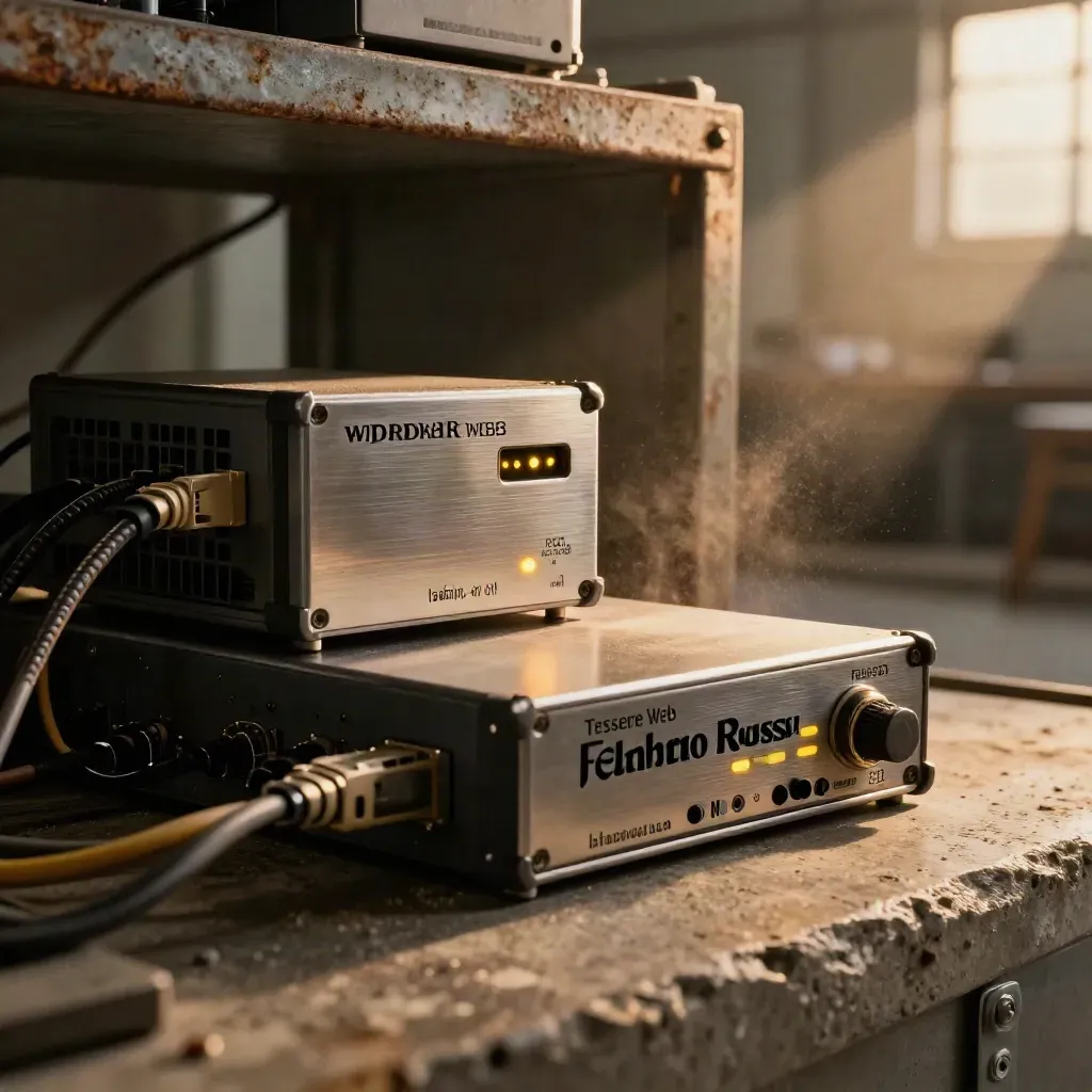 Modem, drive di backup e UPS in un locale tecnico su cemento, luce ambrata cinematografica.