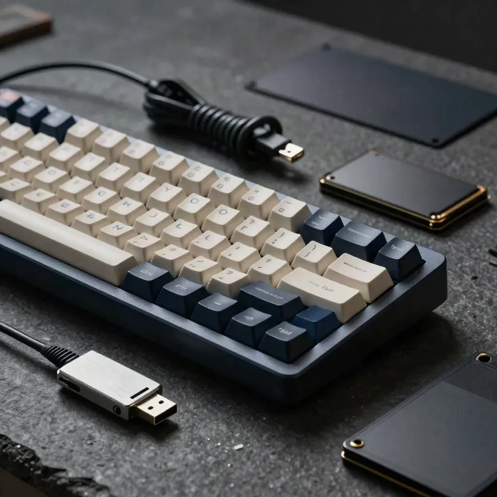 Tastiera meccanica, chiave USB, cavo ethernet e SSD su pietra scura, luce drammatica.
