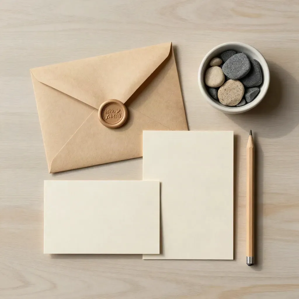 Flatlay dall’alto con busta sigillata, carte appuntamento vuote, campioni colore e matita su legno chiaro.
