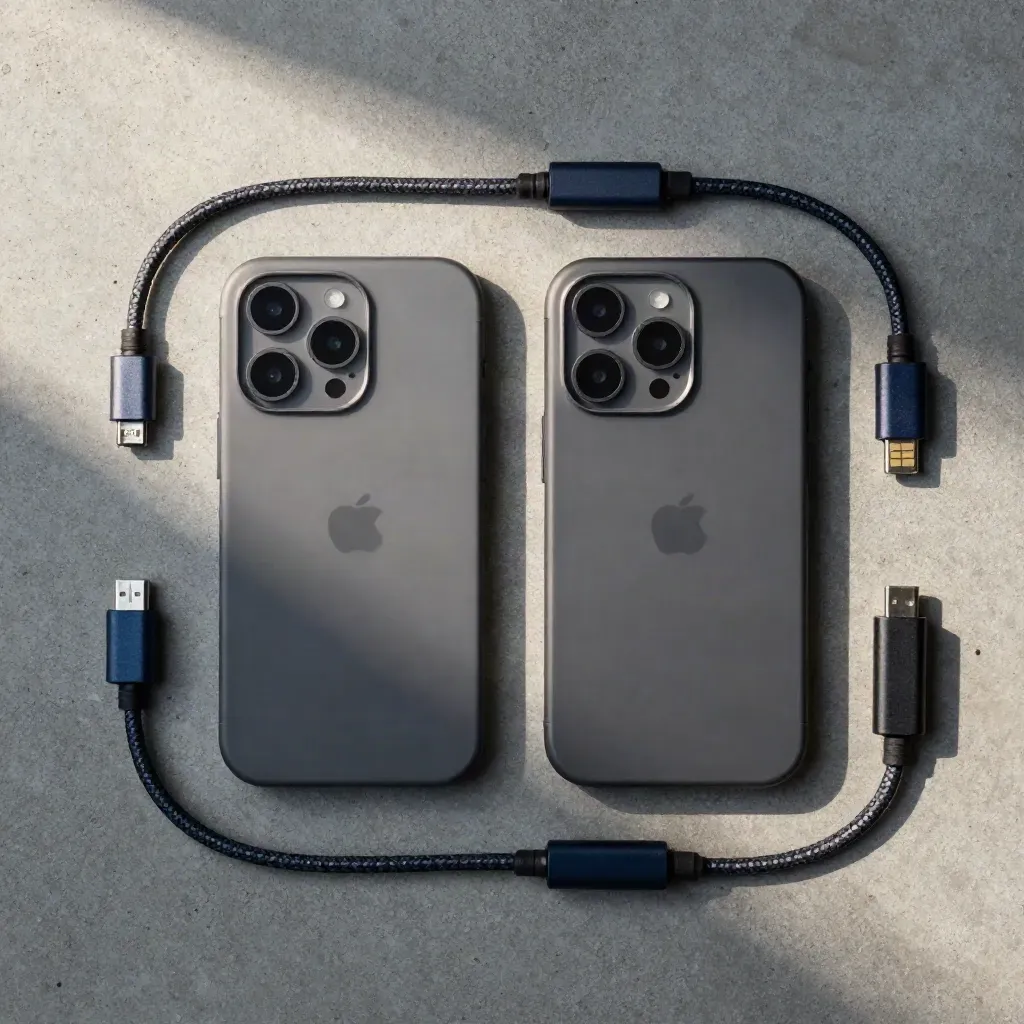 Flatlay tecnico con due scocche smartphone, cavo USB-C, SSD, tool SIM e adattatore su cemento.