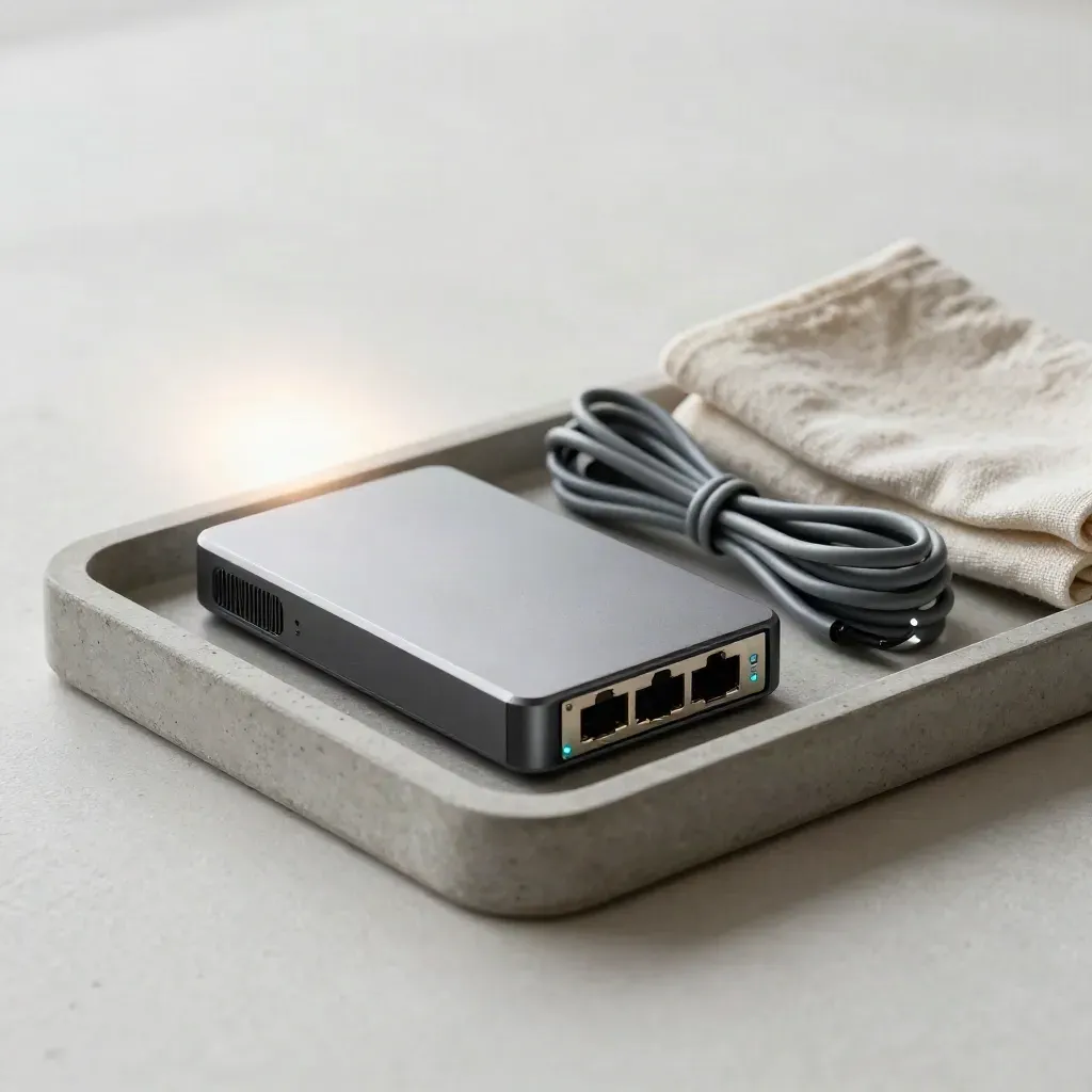Tray di pietra con drive, hub di rete, cavo arrotolato e luce UPS in stile minimale.