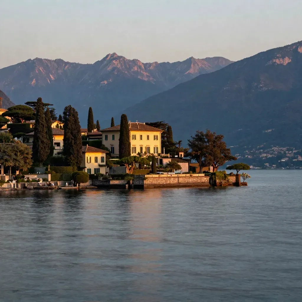 Lago di Como al tramonto con ville terrazzate e acqua calma velata di foschia.