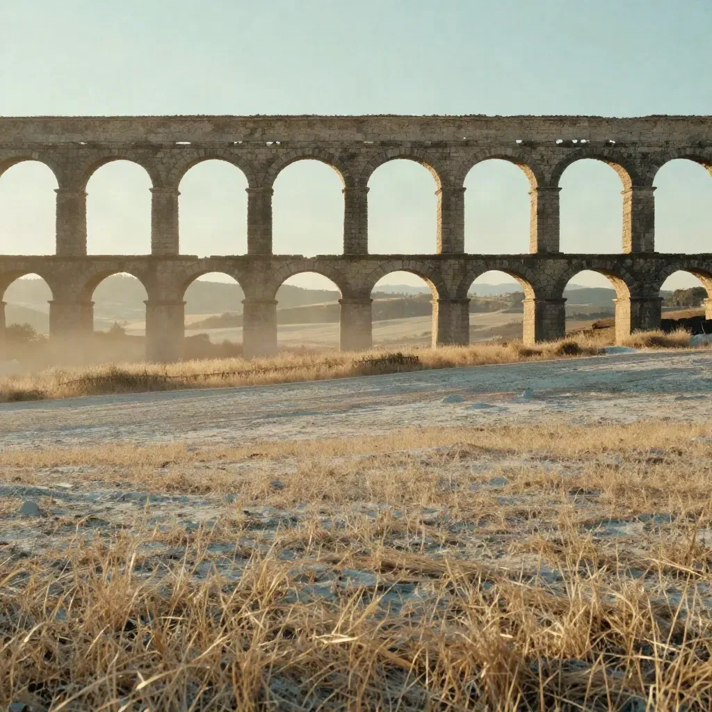Acquedotto romano al tramonto su campagna laziale, con foschia calda e spazio calmo sotto.