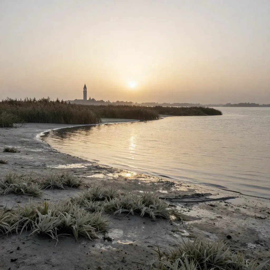 Laguna veneta al tramonto con campanili lontani e acqua calma nella foschia.