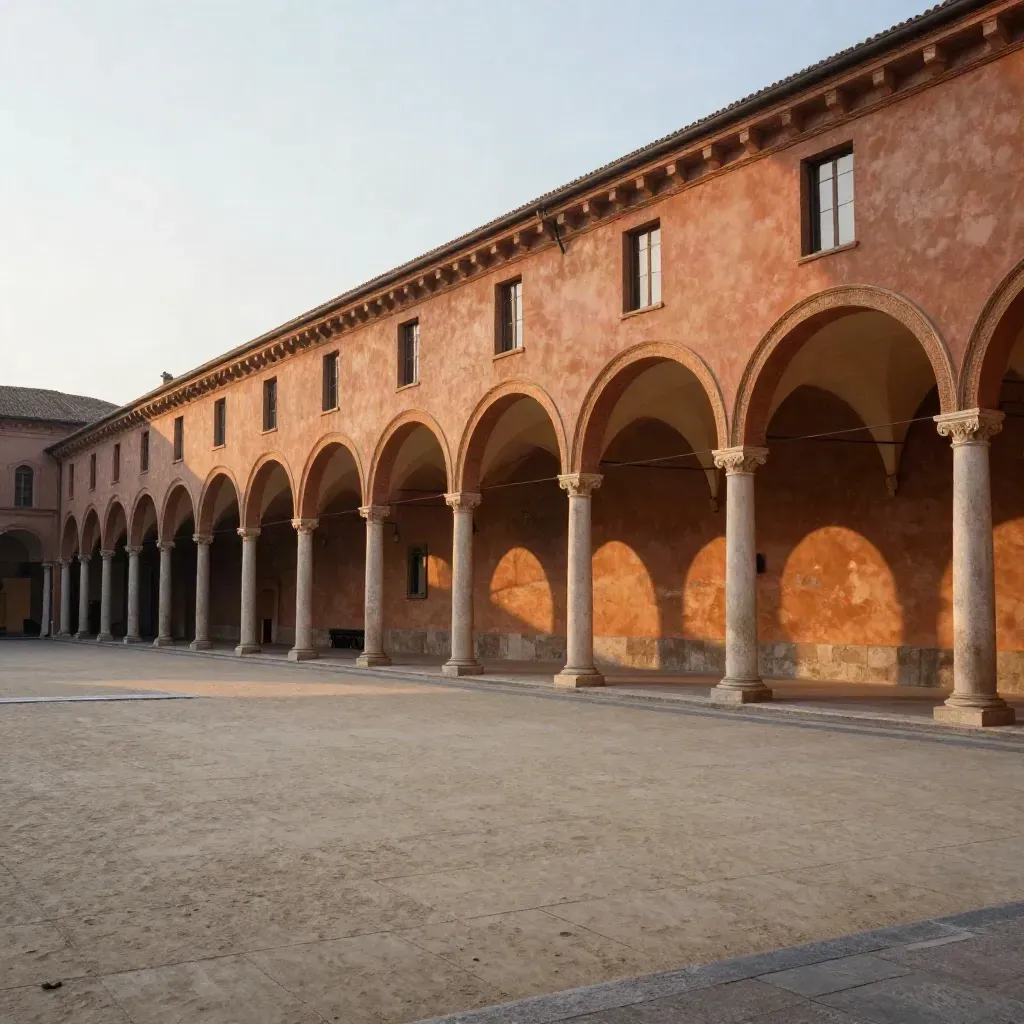 Portici di Bologna al tramonto, piazza calma in pietra e intonaco per il testo.