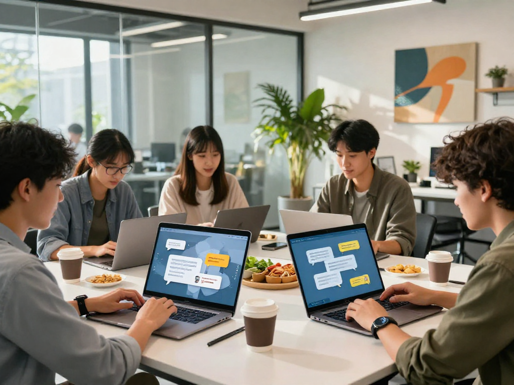 Engaged team using spicychat for effective digital communication in a modern office.