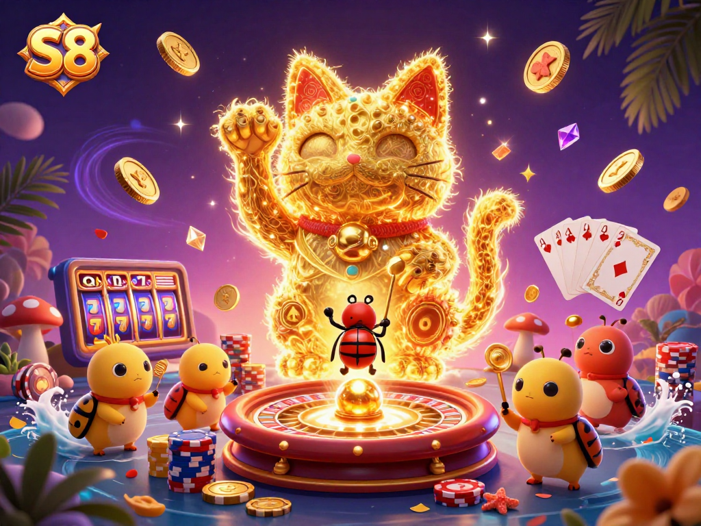 Experience S8 excitement with a vibrant, 3D cat symbol animation in a casino setting.
