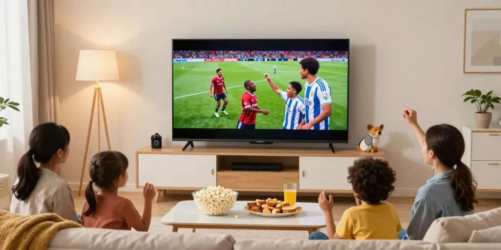 Family watching IPTV Italia live sports together in a cozy living room.