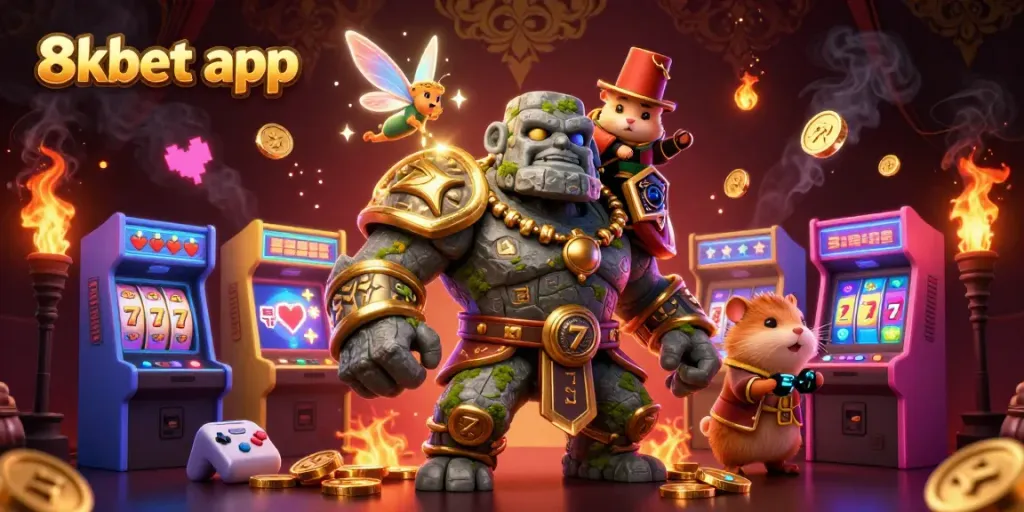 Experience the vibrant world of the 8xbet app with a stunning 3D scene featuring gaming elements and characters.