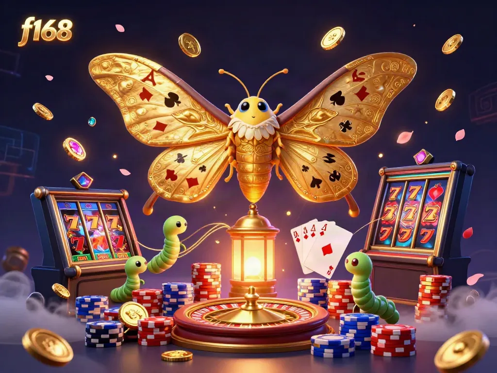 Cascade through the excitement as f168 showcases a vivid 3D casino scene filled with golden coins and vibrant games.