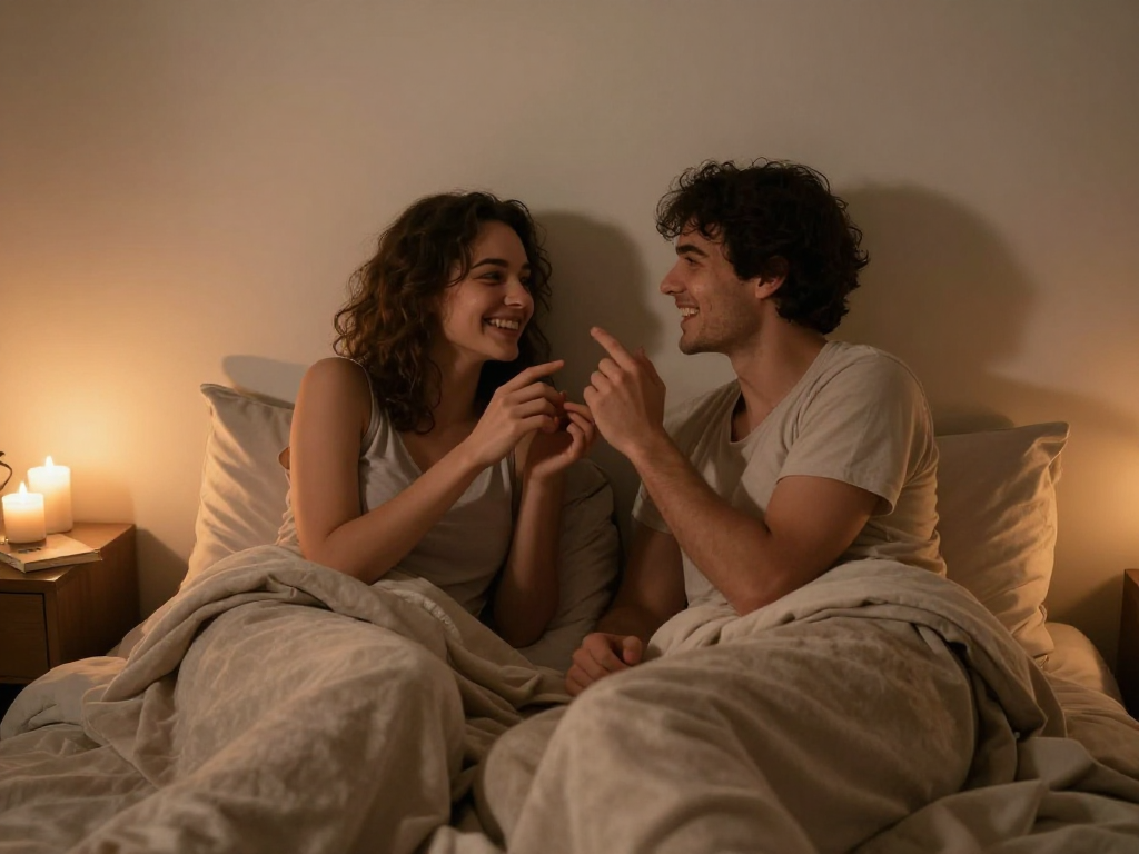 Couple enjoying ai dirty talk in a cozy, intimate bedroom setting with soft lighting.
