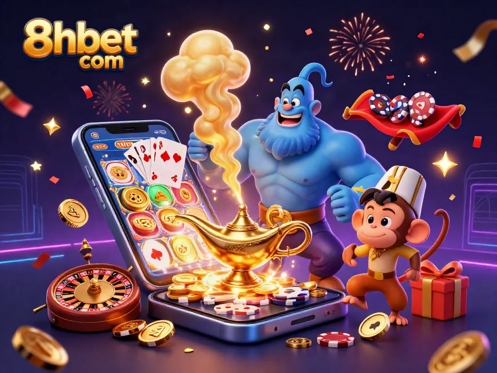 Win big with 8xbet com in this vibrant casino scene featuring a genie, poker chips, and slot games.