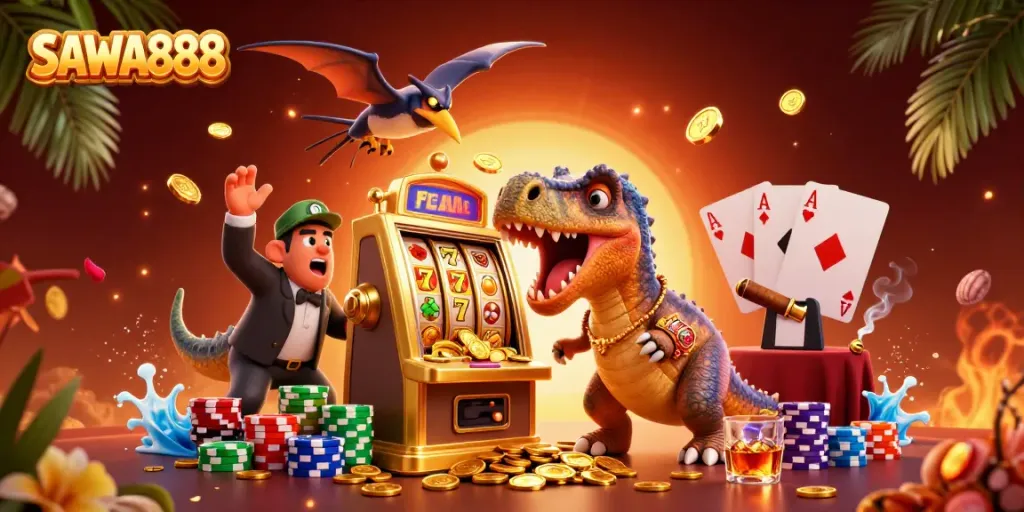 SAWA888 engaging jackpot action with a dinosaur and casino elements