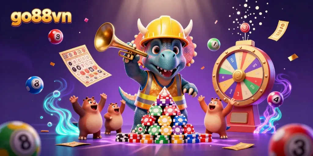 Engage with go88vn in a vibrant casino scene featuring colorful games and exciting characters.