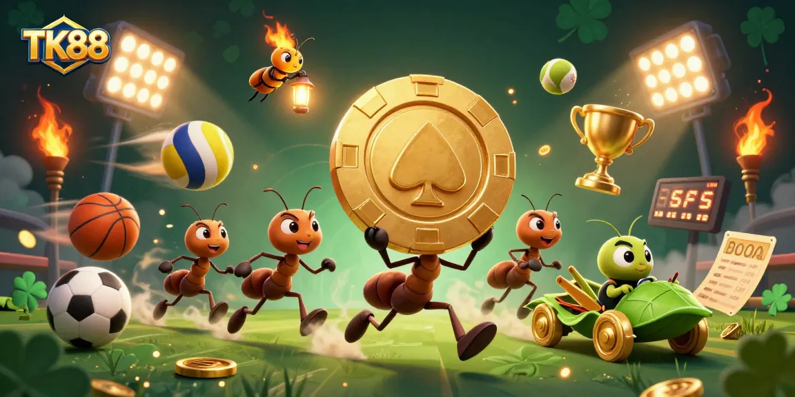 Engage in thrilling plays as TK88's team of ants steals a giant poker chip in a vibrant casino world.