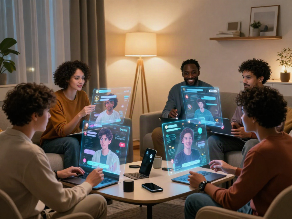 Engaging scene of a group using AI nsfw chat technology in a cozy setting.