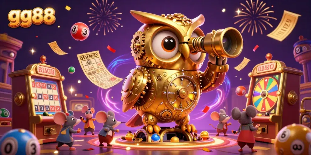 Experience the excitement of gg88, immersing in a vibrant 3D casino scene with a golden owl and lively game elements.