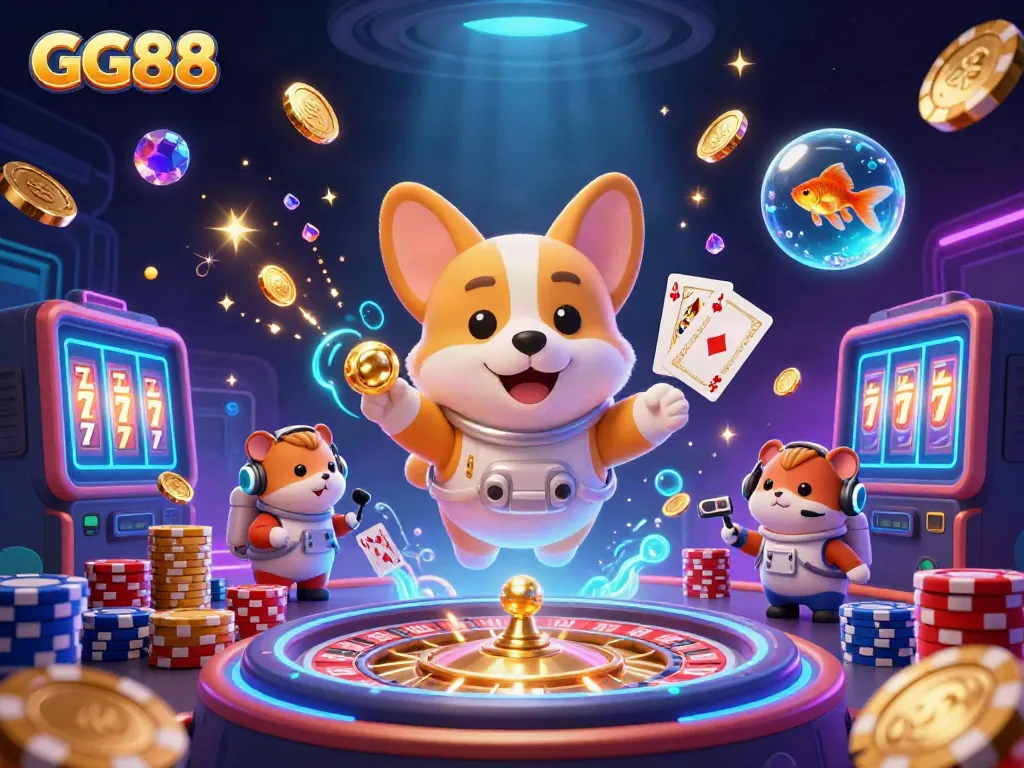 Engage in thrilling games at GG88, highlighted by a playful astronaut corgi in a unique space casino.